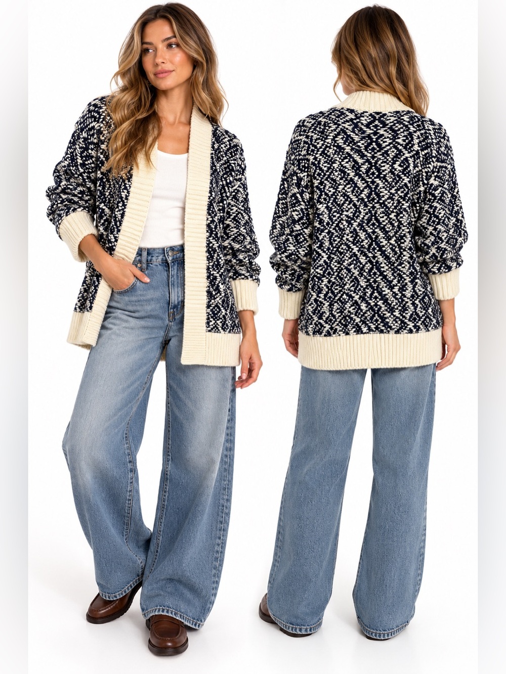 GAP Chunky Knit Open Front Cardigan M/L Navy Cream Oversized Cozy